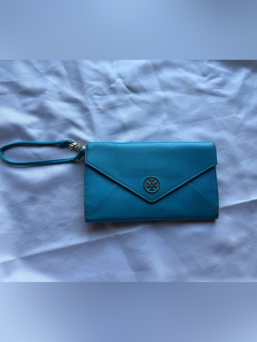 Tory Burch Turquoise Leather Wristlet Wallet with Logo